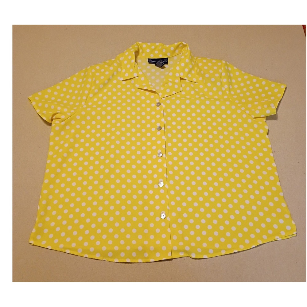 Susan Graver Style Yellow Polka Dot Button‎ Down Shirt Short Sleeve Womens 2X